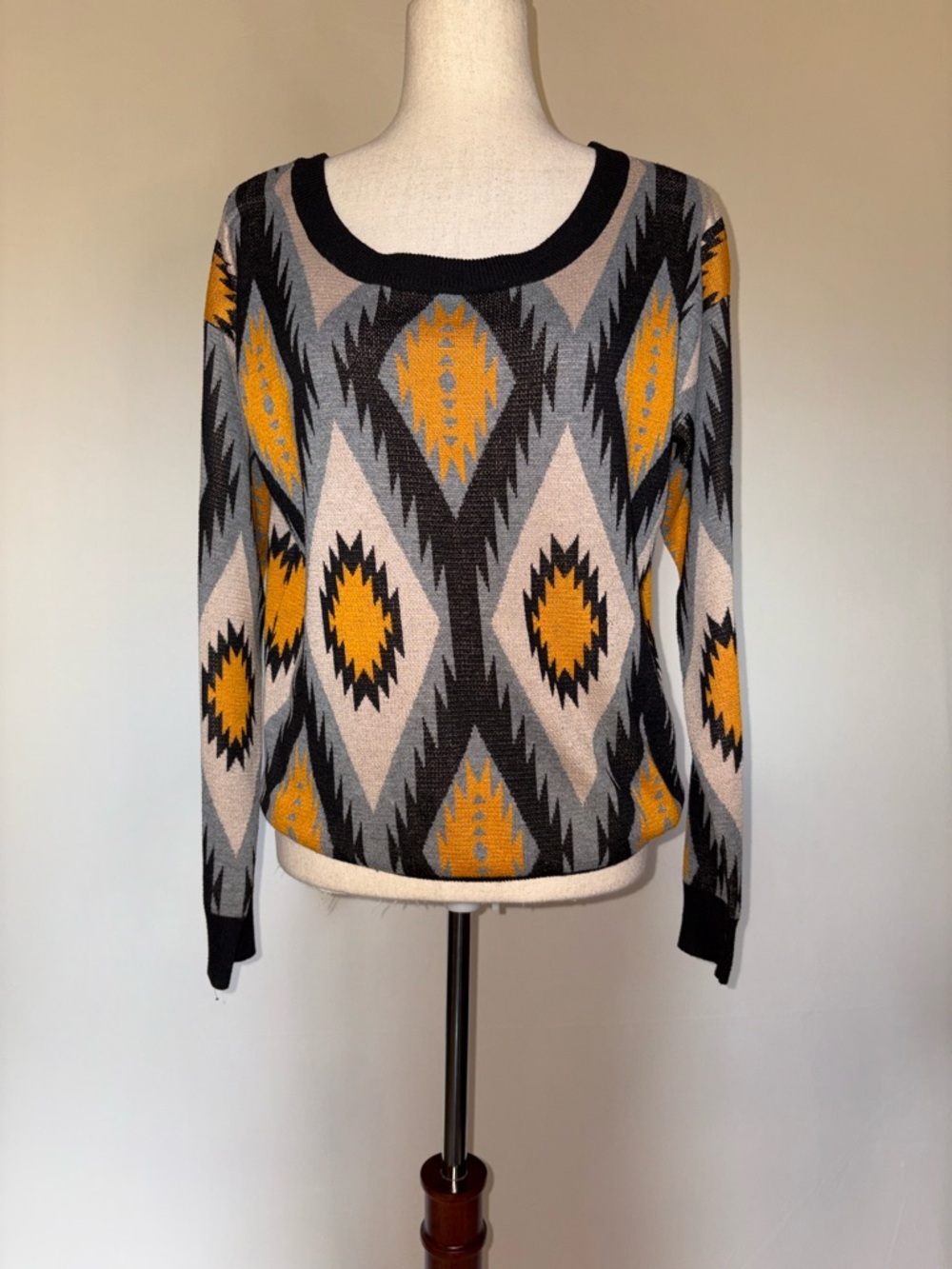 Flying Tomato Aztec Diamond Crewneck Sweater in Mustard, Gray & Black Size L